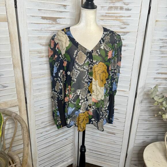 CABI 3762 Womens LARGE Snake Charmer Sheer Dark Floral Blouse Top Balloon Sleeve - Picture 4 of 16